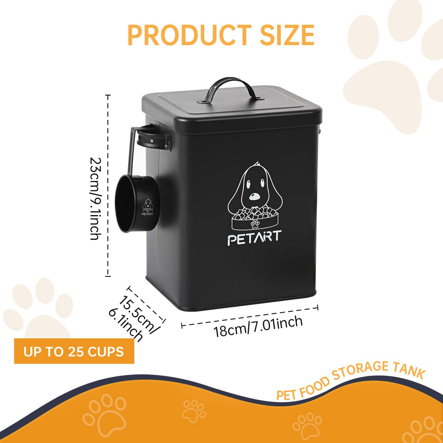 Dog Food Storage Container, Metal Pet Food Storage Containers, Cat Food Storage Container with Spoon & Cute Desiccant,Matte black