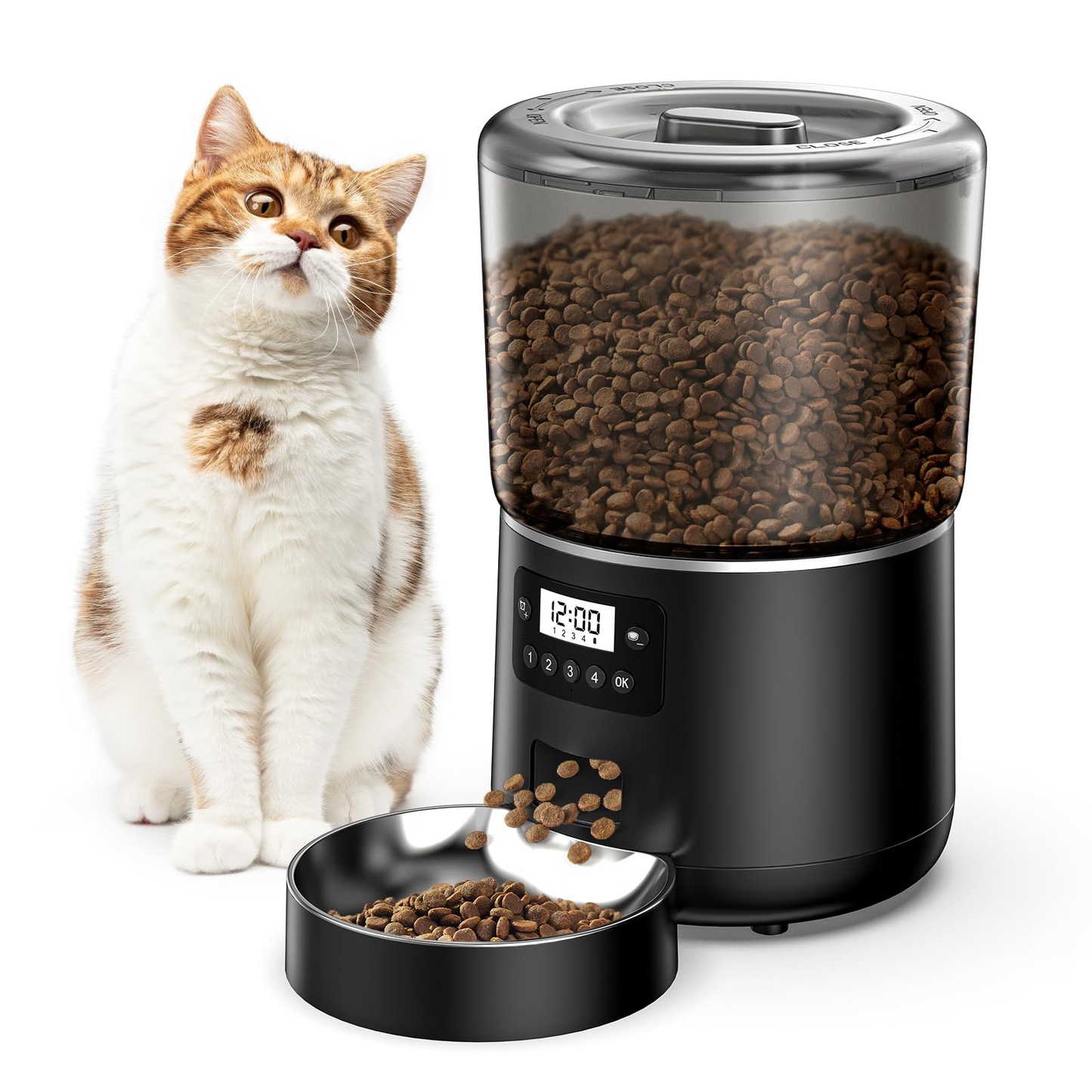 Automatic Cat Feeder, Cat Food Dispenser 4L, 2.4G WiFi Cat Feeder Automatic 1-10 Meals, 1-9 Portions/Meal Timed Cat Feeder, Automatic Pet Feeder for Cat Dog with Stainless Steel Feeding Bowl