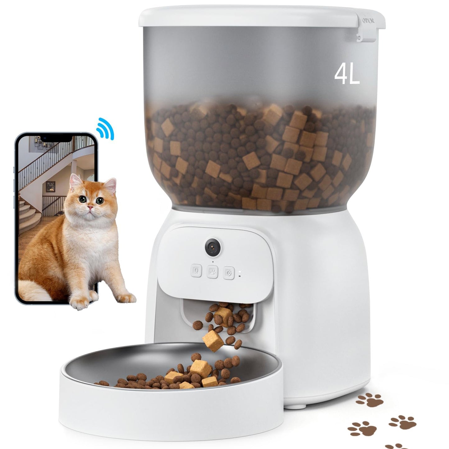 Automatic Cat Feeder with Camera, 1080P HD Video Cat Food Dispenser with Stainless Steel Bowls WiFi Automatic Pet Feeder with 2 Way Audio,Smart App Control