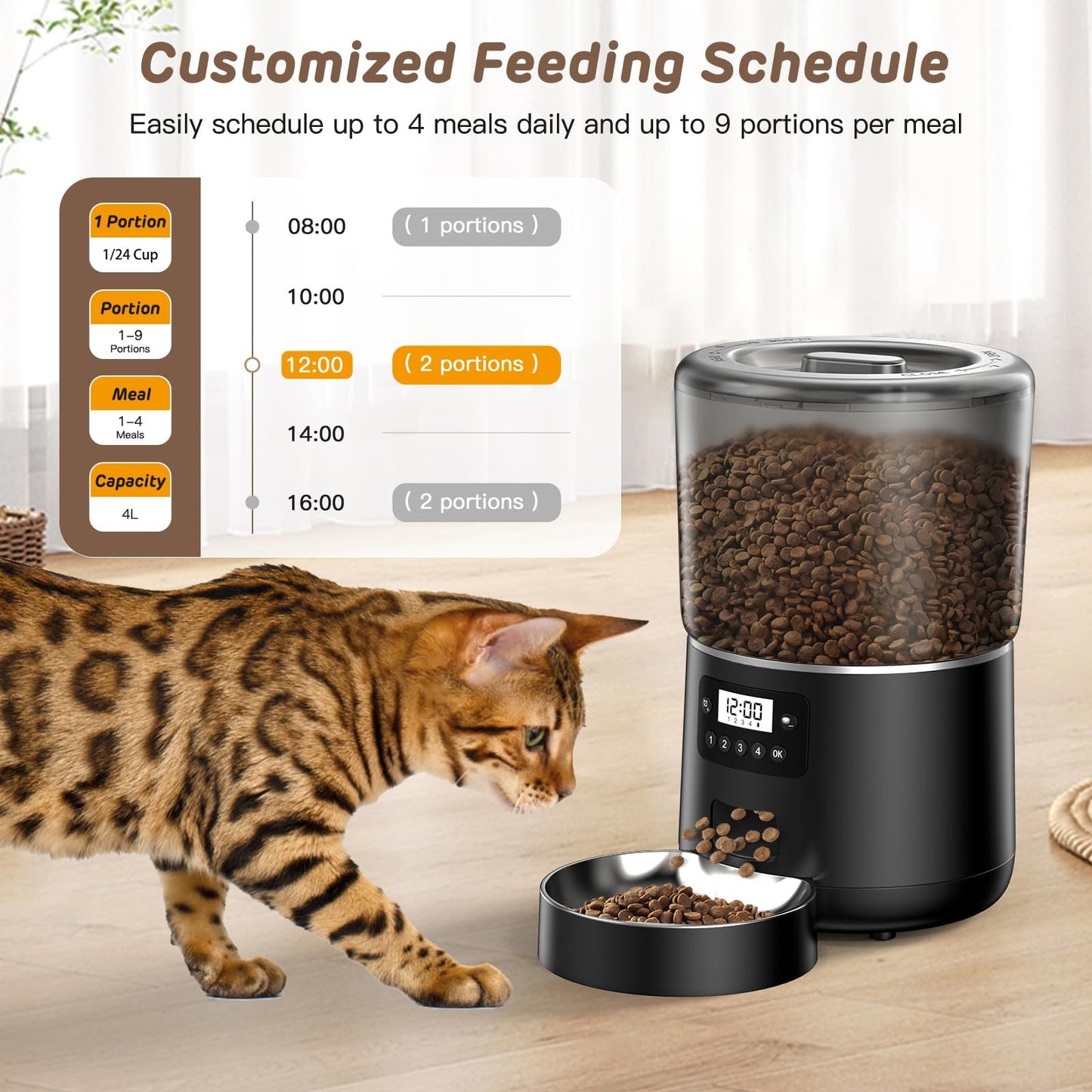 Automatic Cat Feeder, Cat Food Dispenser 4L, 2.4G WiFi Cat Feeder Automatic 1-10 Meals, 1-9 Portions/Meal Timed Cat Feeder, Automatic Pet Feeder for Cat Dog with Stainless Steel Feeding Bowl